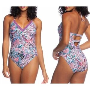 La Blanca Tummy Control Halter One Piece Swimsuit Paisley Multi LB9EY25 NWT 4
